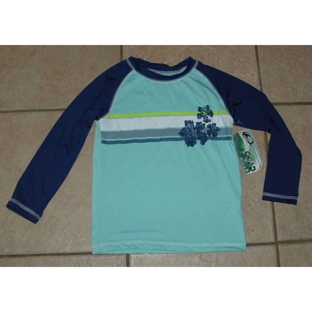 NEW Girls Sz Small (5/6) Blue Tropical Long Sleeve Rash Guard Shirt QUAD SEVEN